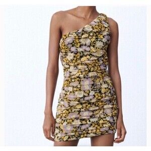 Zara NWT One Shoulder Floral Ruched Mini Dress Size Small Women’s